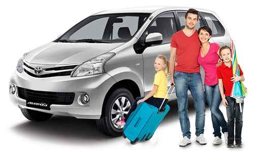 Family with luggage standing next to a rental car at Paros Airport, ready for vacation in Greece